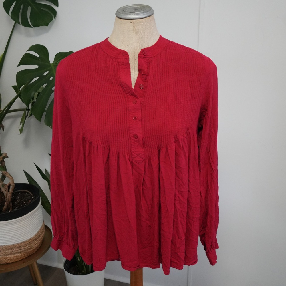 Sundance Blouse Women M‎ Pink Pintuck Pleated Babydoll Boho Long Sleeve Henley